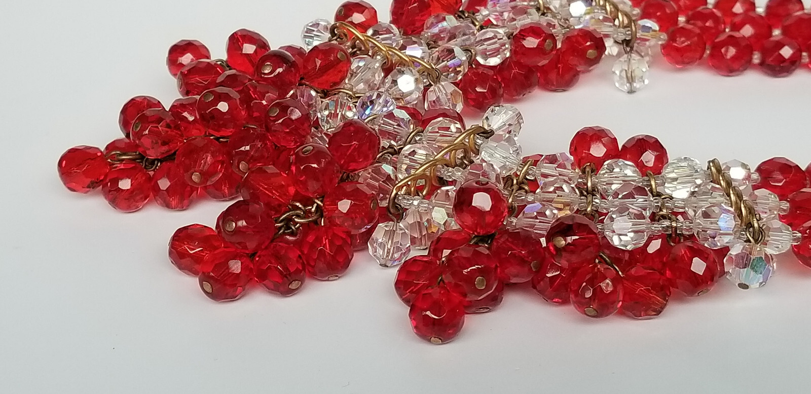 Vintage Signed France AB Bead & Red Glass Cluster Bead Necklace