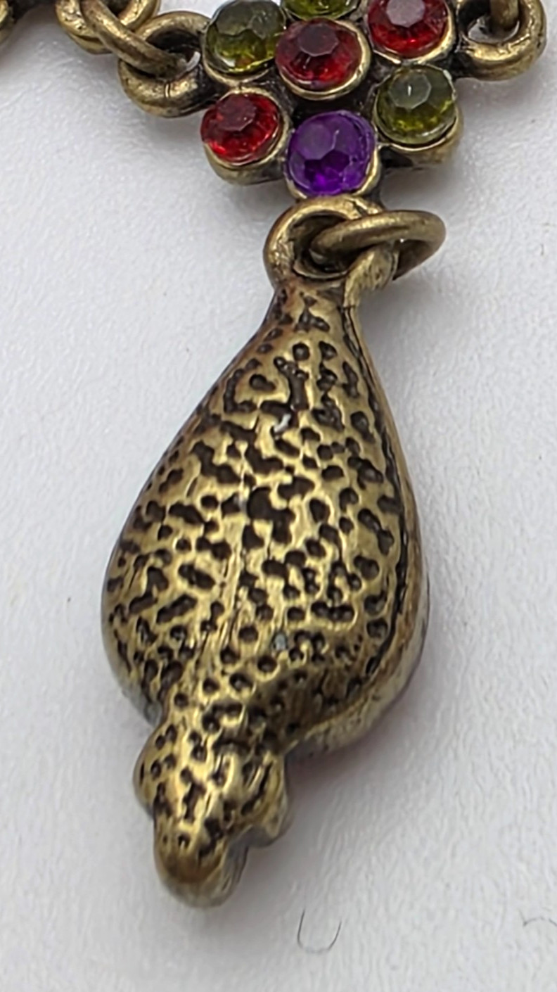 Vintage Brass Tone Multicolor Rhinestone Teardrop Fringe Necklace 19 in adj.