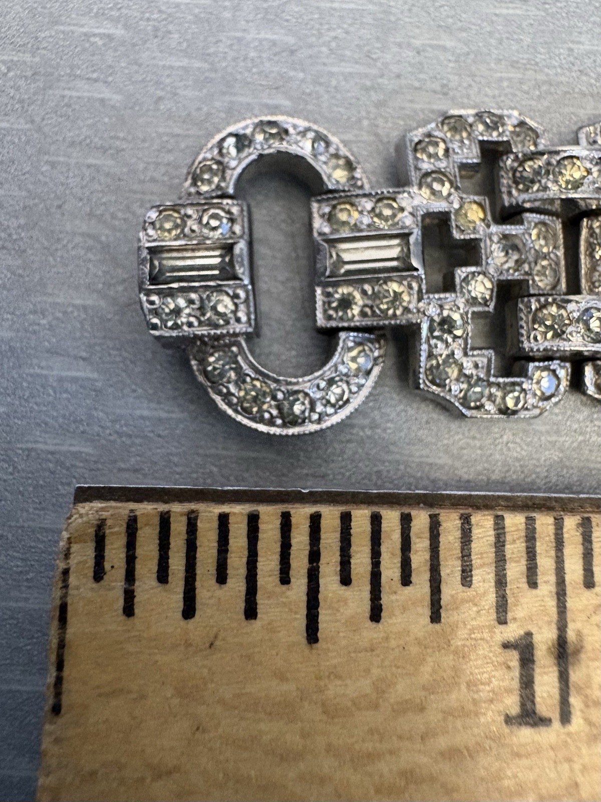 30s Art Deco Rhinestone Bracelet Baguettes Emerald Cut Crystal Pot Metal 7″
