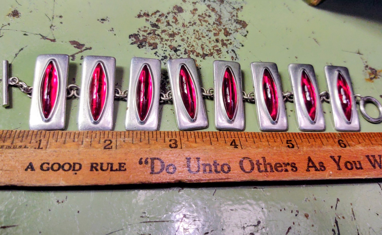 Vintage Jorgen Jensen Bracelet, Red Glass, Pewter, Denmark (2308)