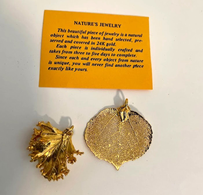 2 Vintage Pendant 24K Gold red bud tree Leaf dipped shell charm 80s jewelry LOT