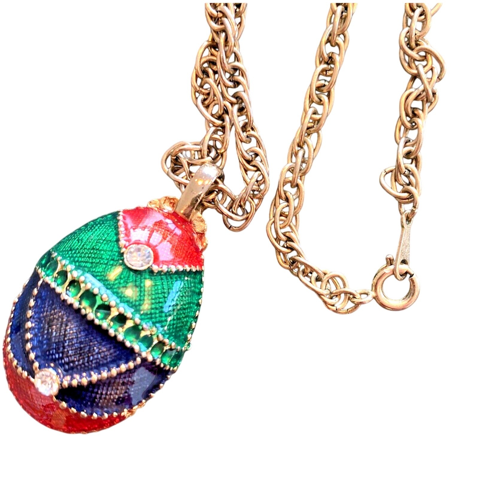 Vintage Chain Necklace Egg Shaped Pendant Unique Gold & Colored Enamel Finish