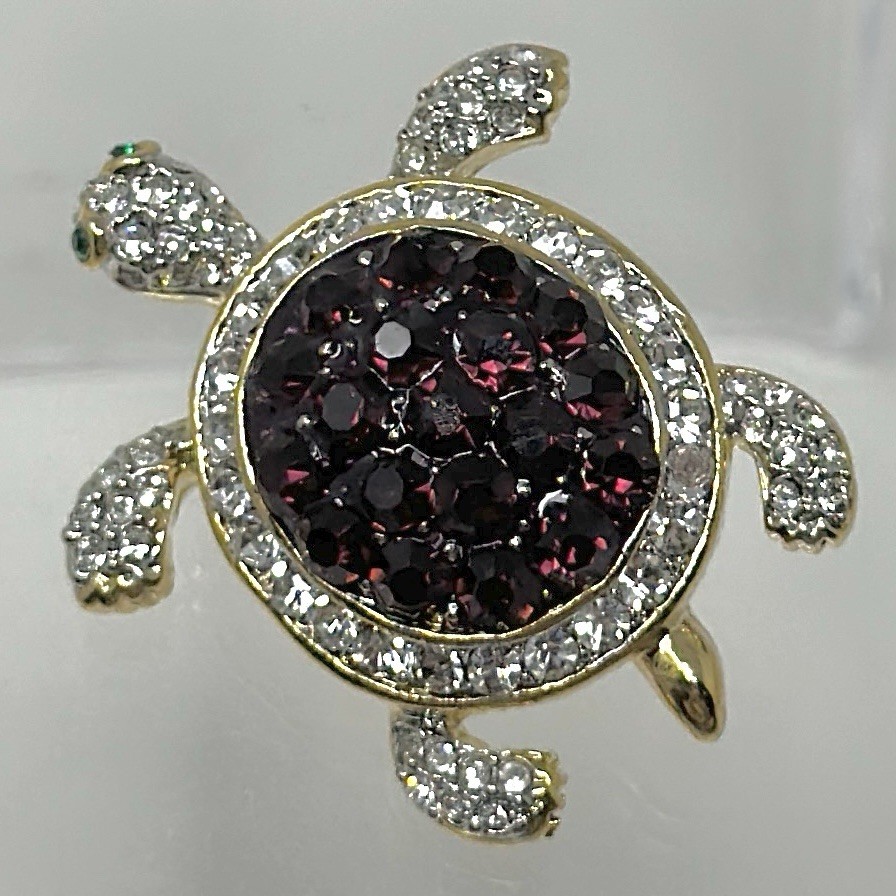 Vintage Gold Tone Turtle Purple White Green Eyes Rhinestone Brooch Pin