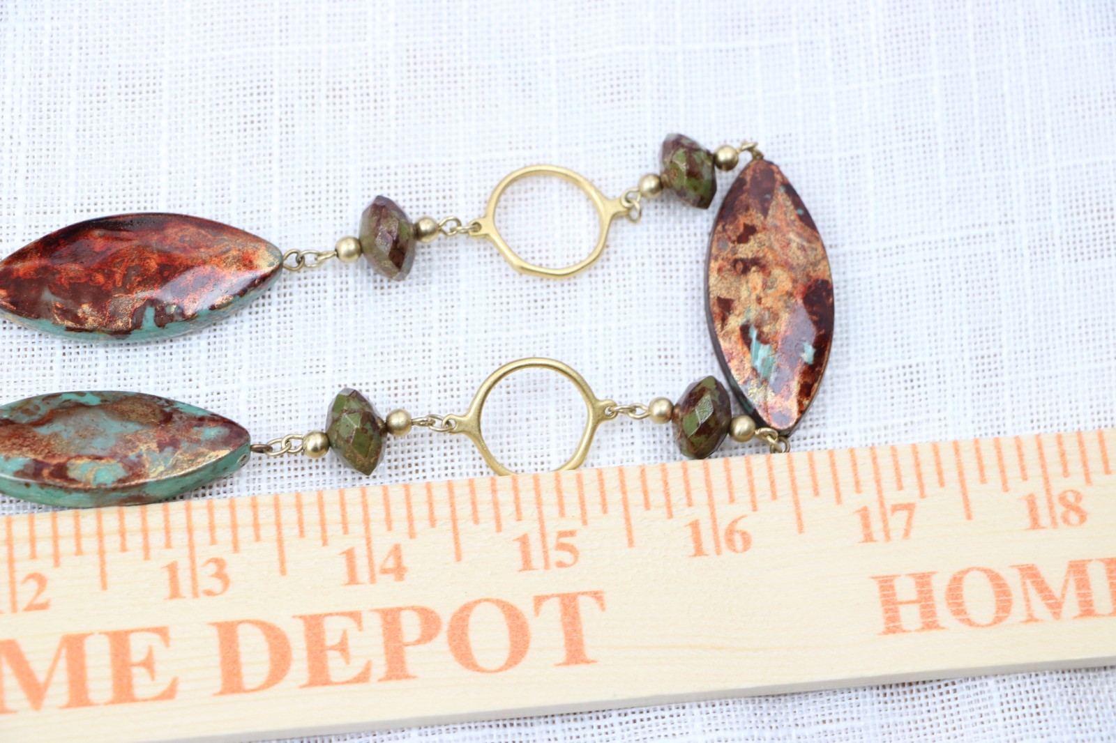 Boho Long Necklace Turquoise & Rust Marquise Beads Gold Tone Station Chain