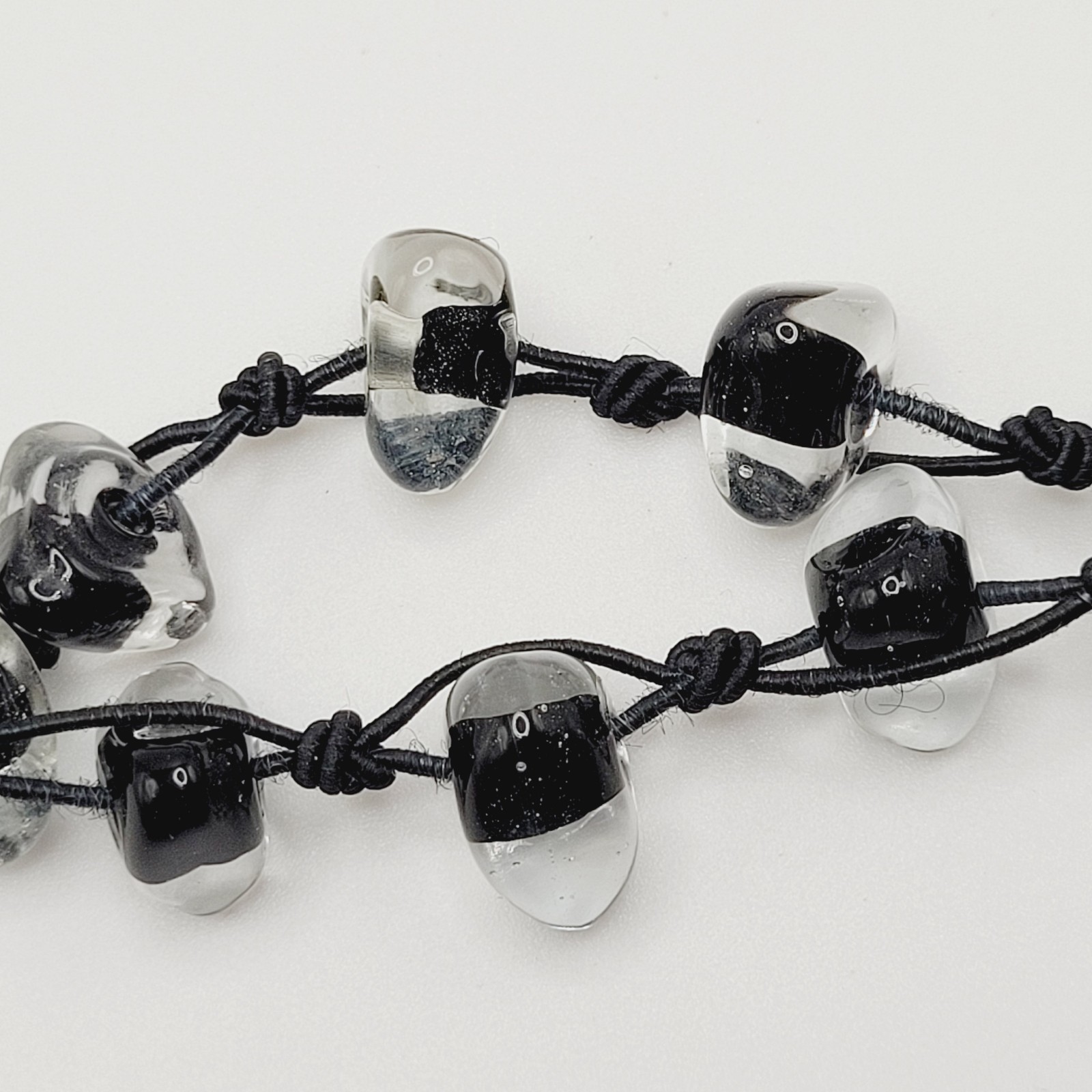 Art Glass Clear Ice Pebble Bead Hand Knot Black Thread Single Strand Necklace