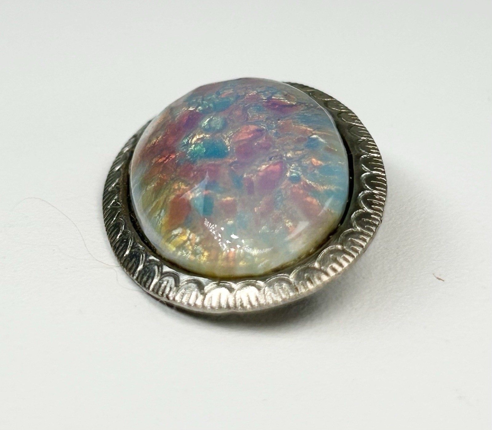 Antique Sterling Silver Oval Glass Cabochon Faux Fire Opal Brooch Victorian