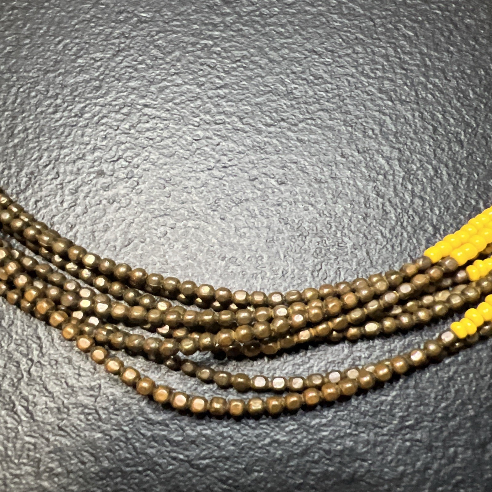 Vintage Brass-tone Yellow Glass Sead Bead Necklace Multistrand 21″