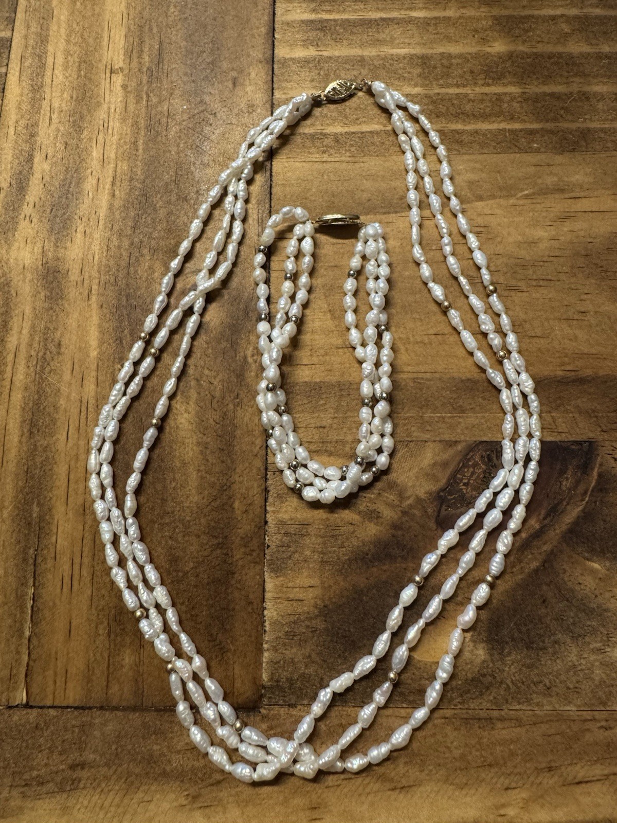 Vintage 3 Strand 14k Gold Freshwater Seed Pearl Gold Bead Necklace Bracelet Set