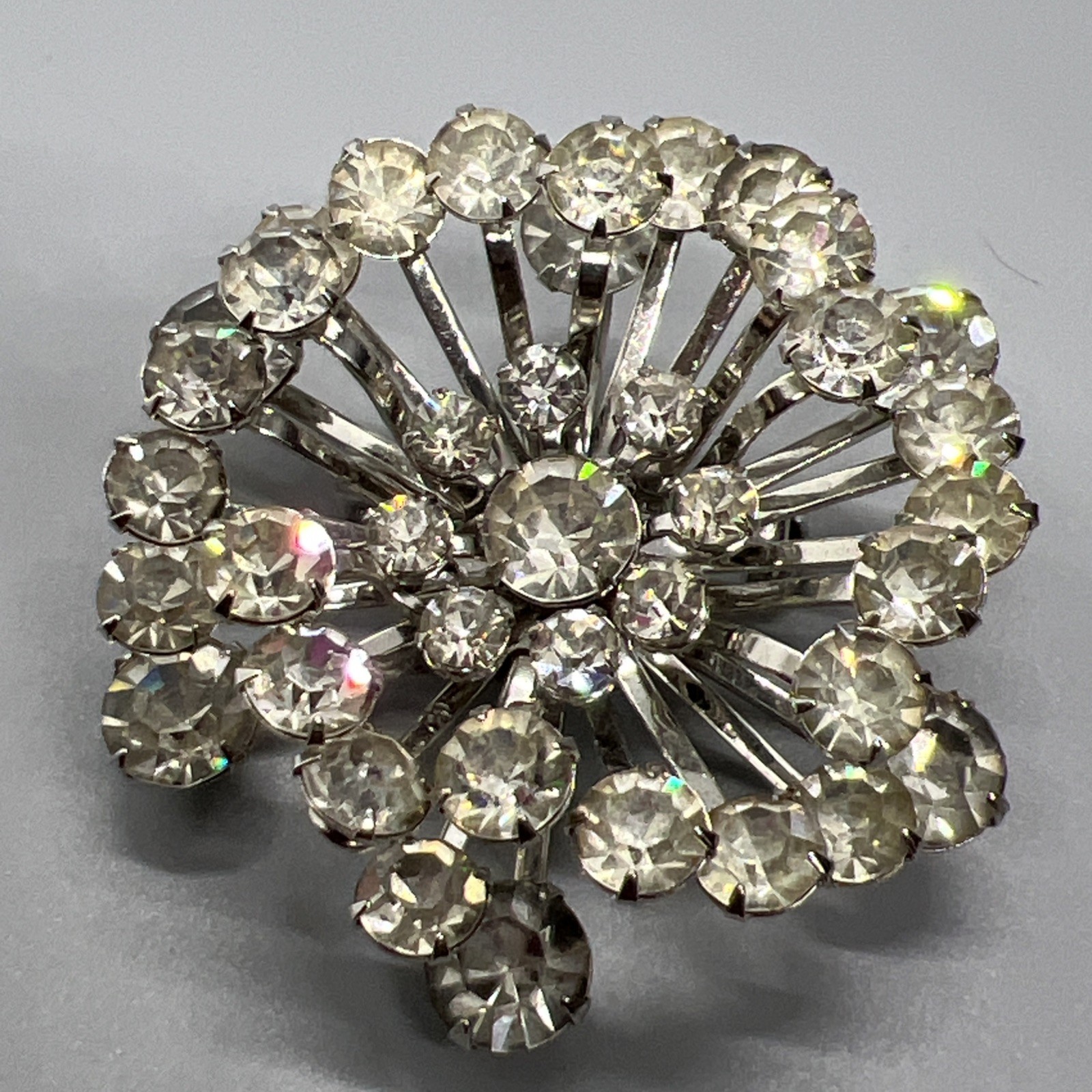 Vintage Rhinestone Starburst Brooch Clear Silver Tone Cluster Dimensional Large