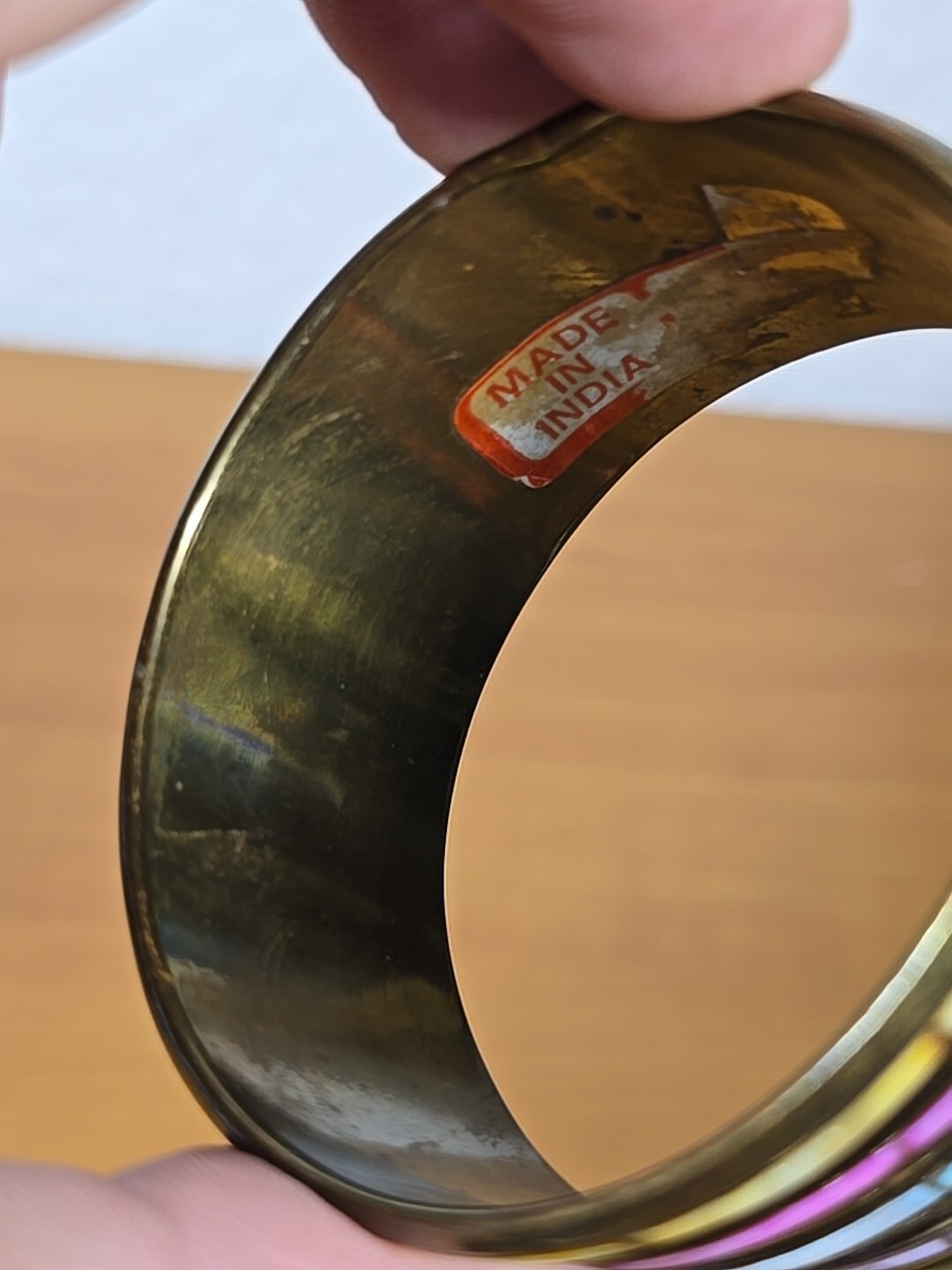 Vtg Brass Bangle Inlay Mother Of Pearl/Abalone Bracelet Multicolor 1.25″ W India