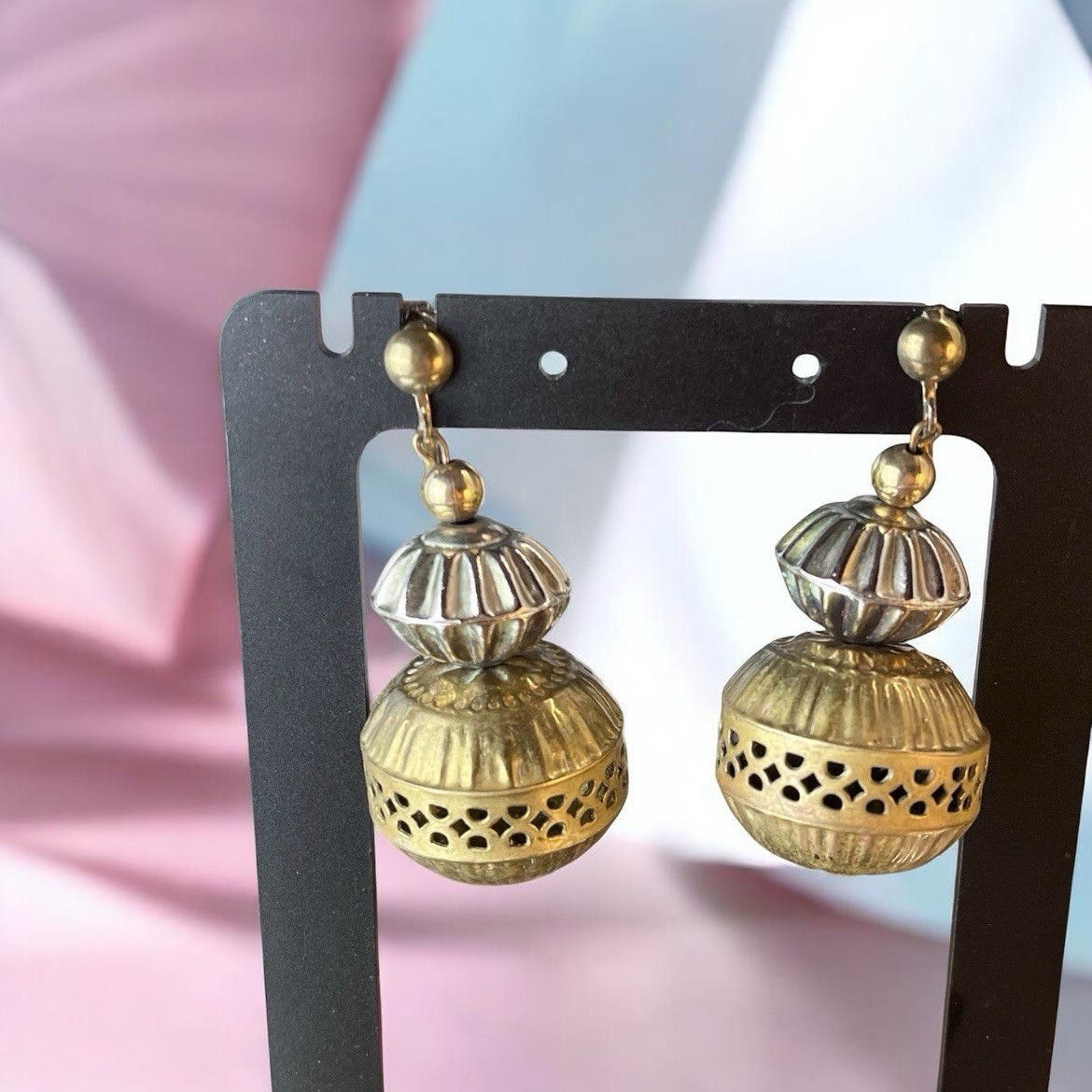 Vintage Ethnic Revival Brass Silver Tone Dangle Clip On Earrings – 2” – c1970s