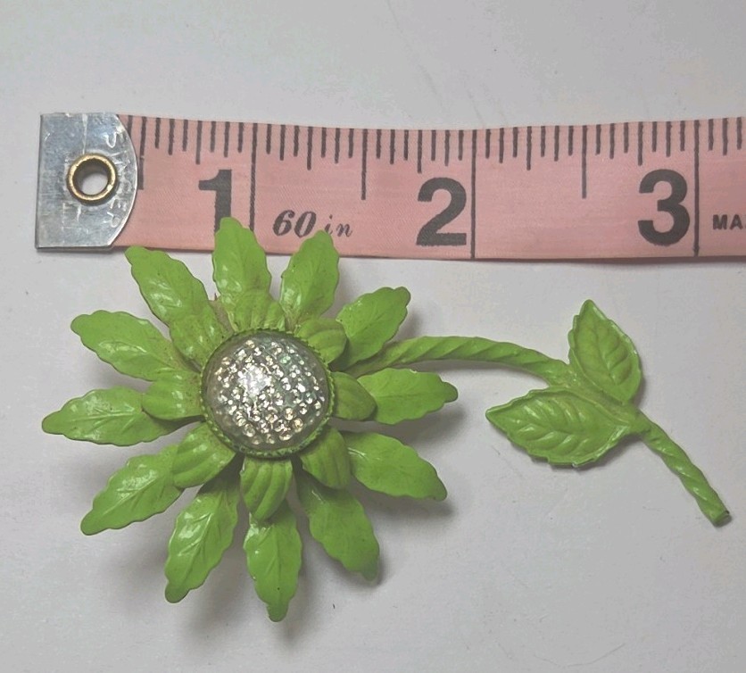Vintage Lime Green Enamel Flower Pin Brooch with Clear Glass Center