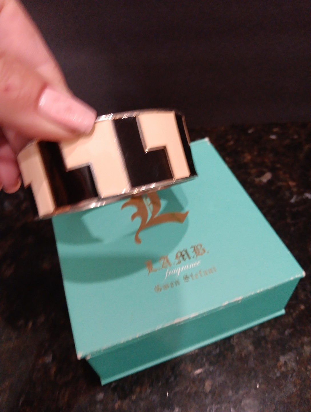L.A.M.B. GWEN STEFANI SIGNED ABSTRACT B&W ENAMEL 1″ W BANGLE BRACELET #1925A