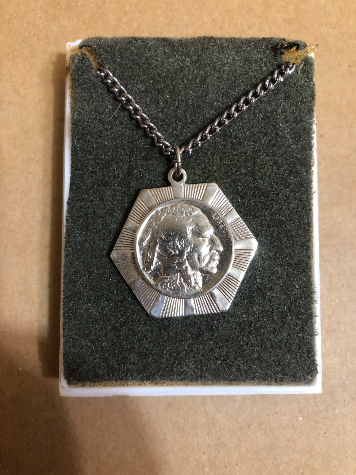 Vintage Silver Tone 1938 Indian Head Buffalo Nickel Pendant **