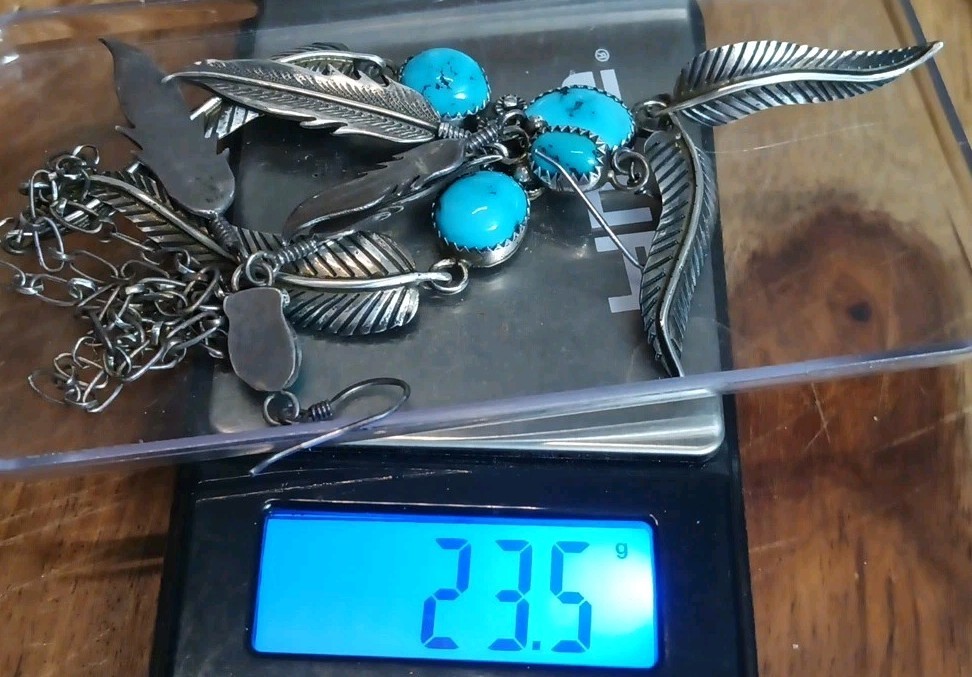 VINTAGE NAVAJO TURQUOISE STERLING SILVER FEATHER NECKLACE & EARRINGS 23.5 Gram