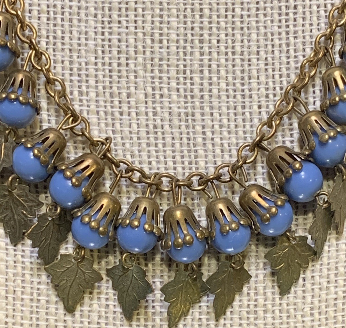 Vintage 16” Flower-like Capped Blue Celluloid Balls w/ Dangling Leaves Necklace