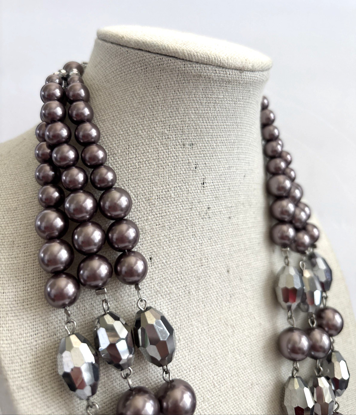 Crown Trifari gray pearl and Mercury Coated bead three strand necklace