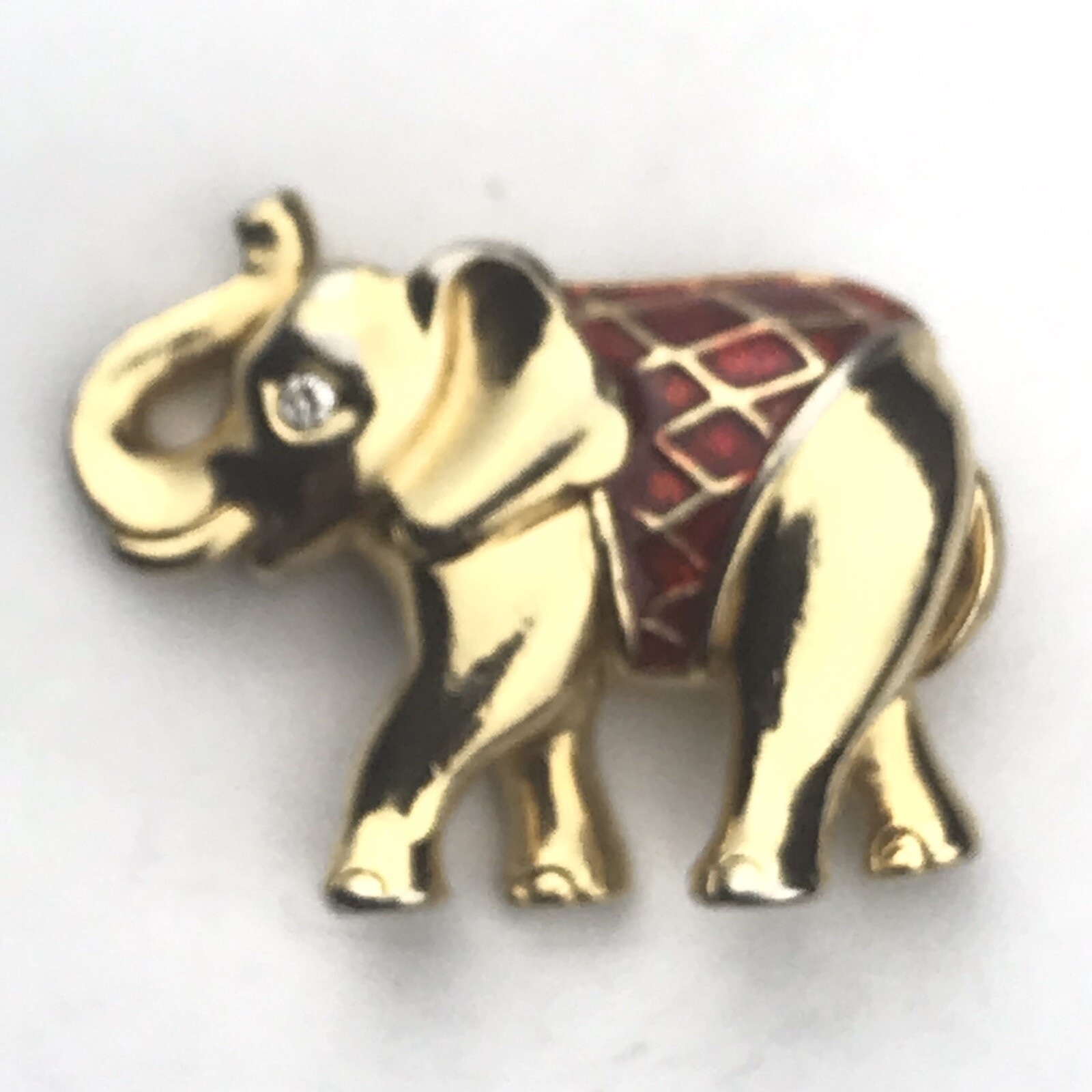 Vintage Gold Red Enamel Elephant Pin Brooch Trunk Up Good Luck Charm