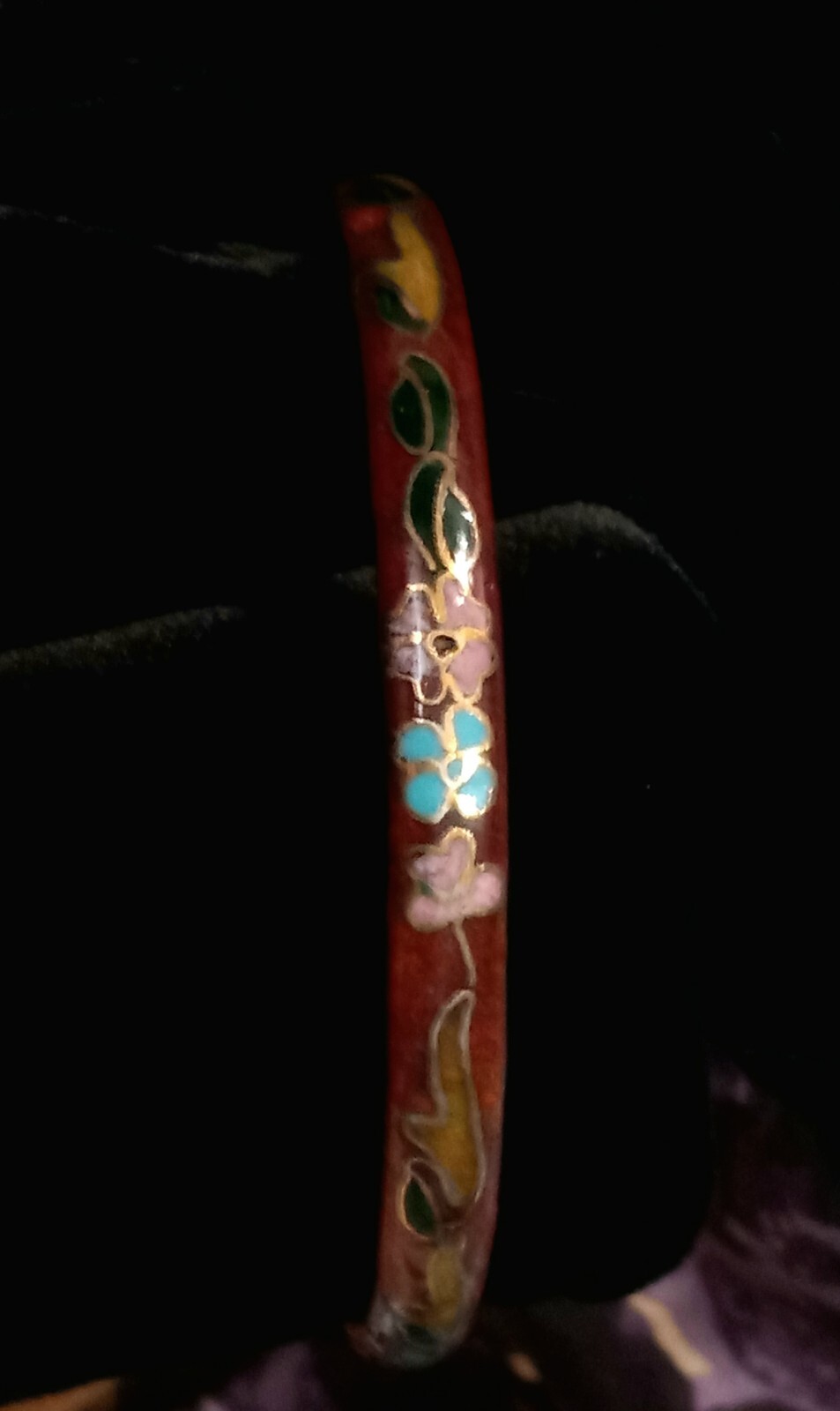 Vintage Chinese Redish Brown Gold Cloisonne Enameled Flower Bangle Bracelet
