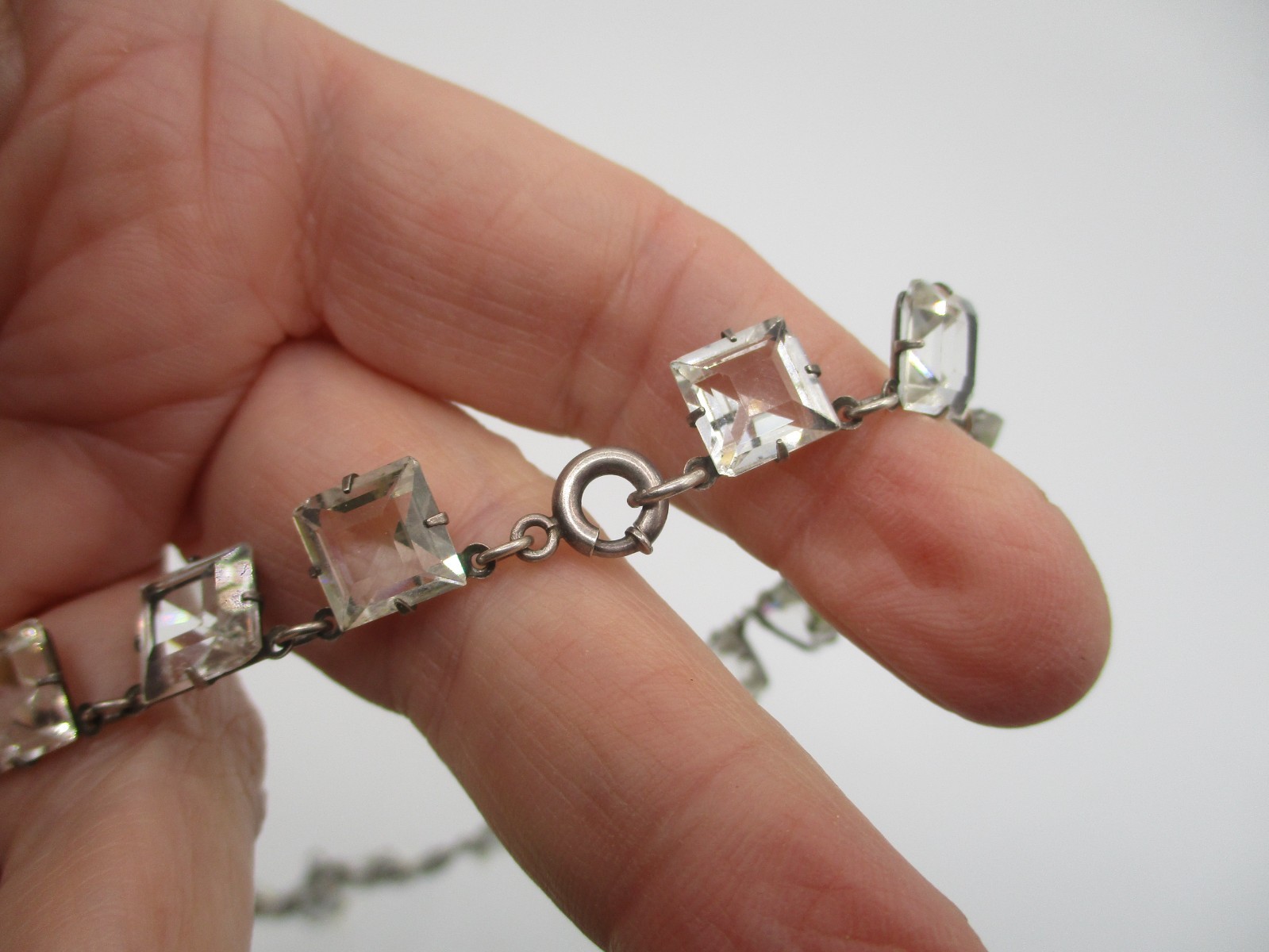 ANTIQUE STERLING SILVER ROCK CRYSTAL NECKLACE ~ ART DECO with 3 STRAND DROP