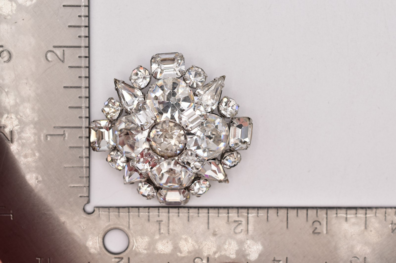 Vintage Clear Rhinestone Cluster Brooch Pin Silver Prong Baguette Crystal BinBP