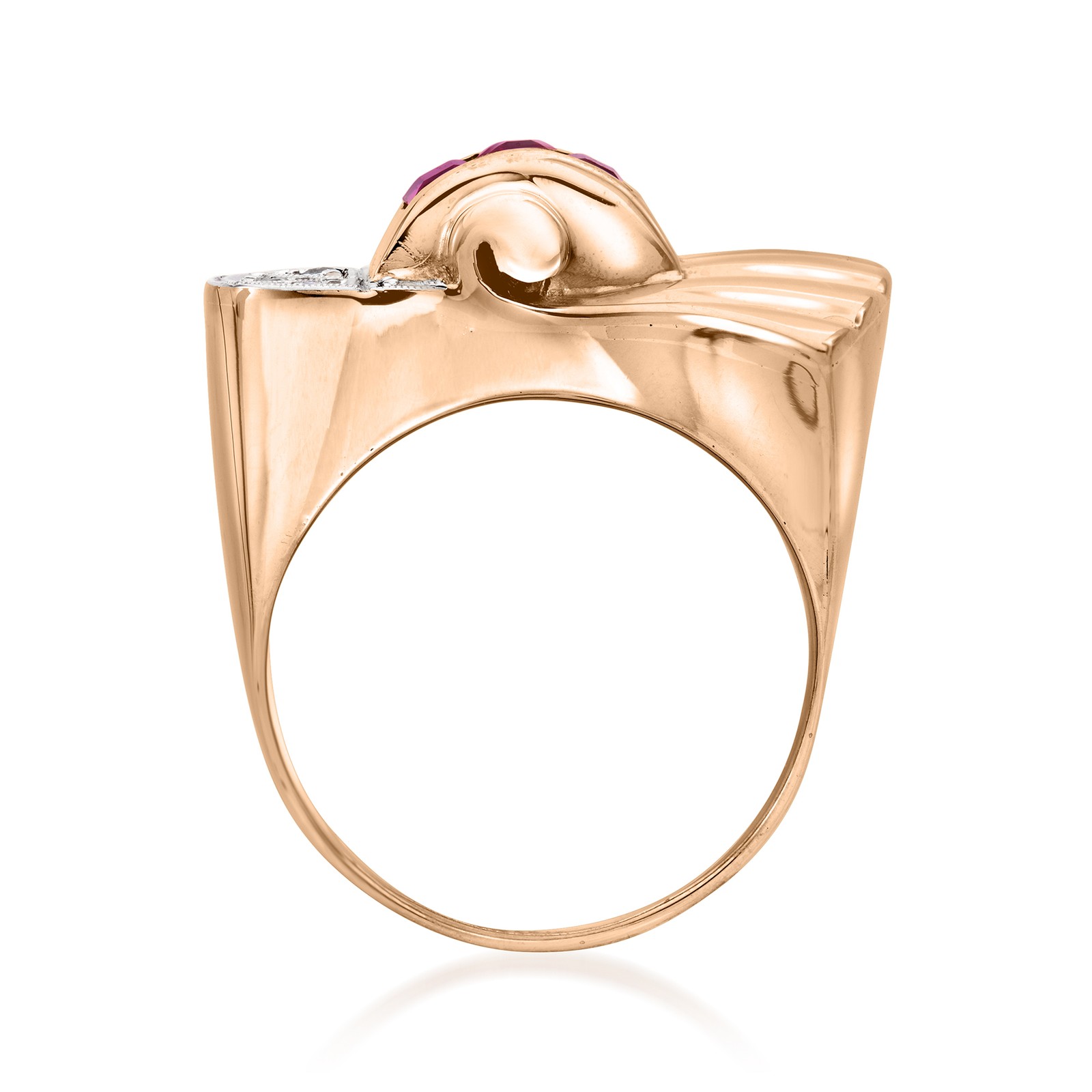 Vint Synth Ruby Fan Rng w Diamonds in 18k Rose Gold Size 6