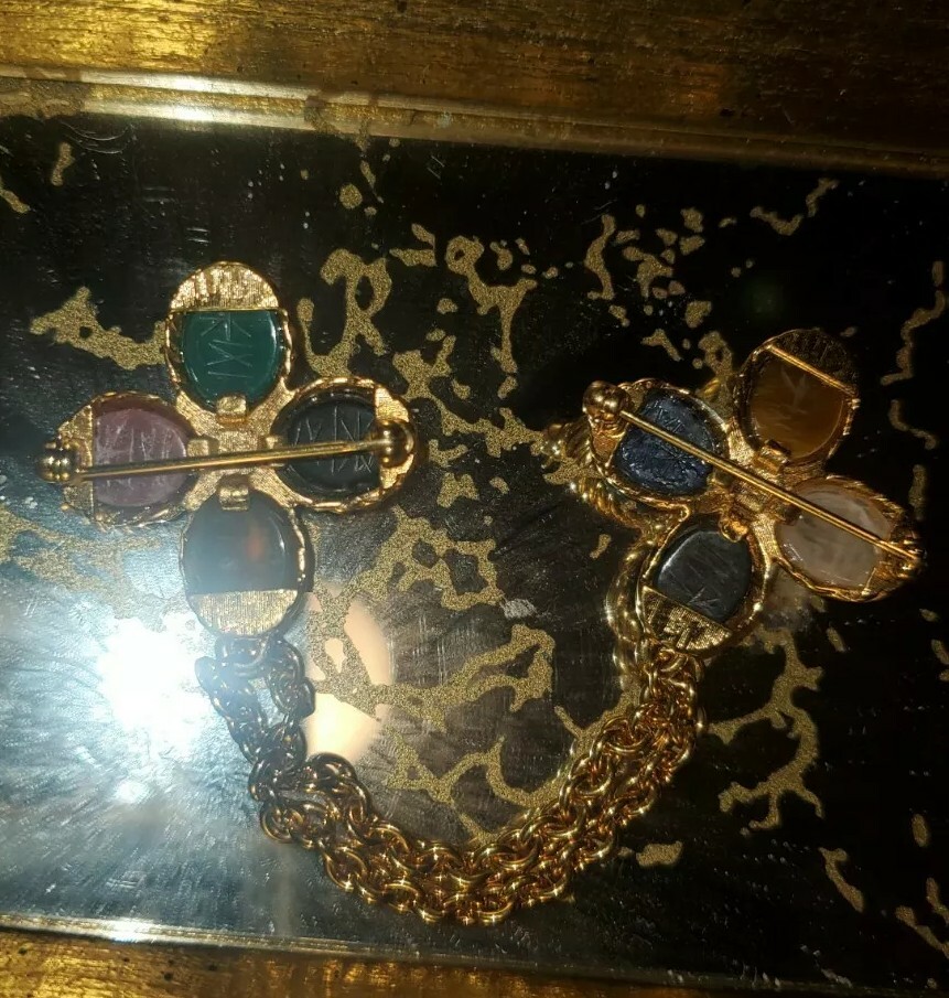 VTG Bal-Ron 12kGF Egyption Revival Scarab Collar SwagPins Lapis Onyx Quartz Jade