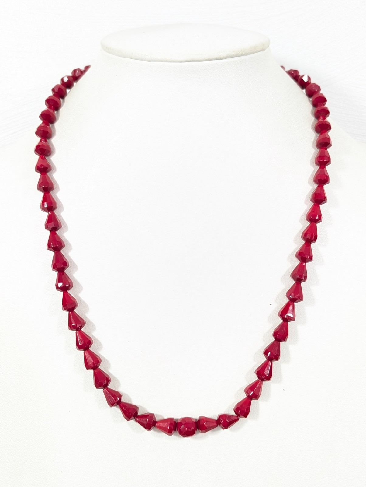 Vintage Bohemian Style Faceted Ruby Red Glass Bead Necklace Bicone 24″ MCM