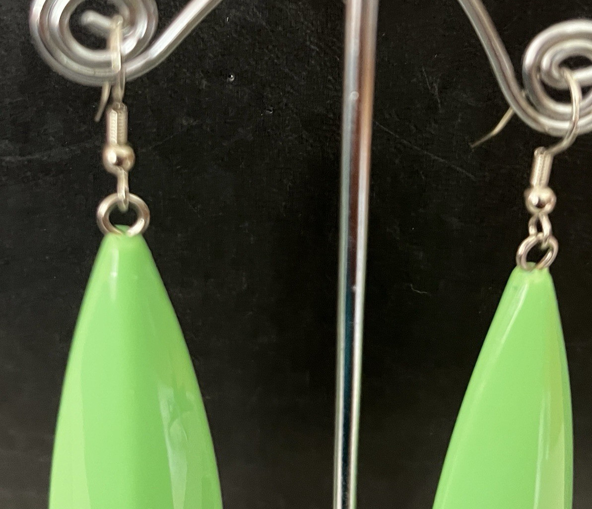 Vintage Lime Green Lucite Large Dangle Mod Pierced Earrings-3″