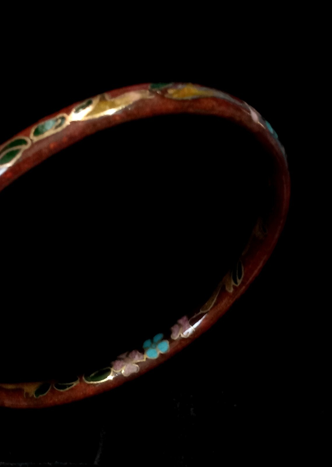 Vintage Chinese Redish Brown Gold Cloisonne Enameled Flower Bangle Bracelet