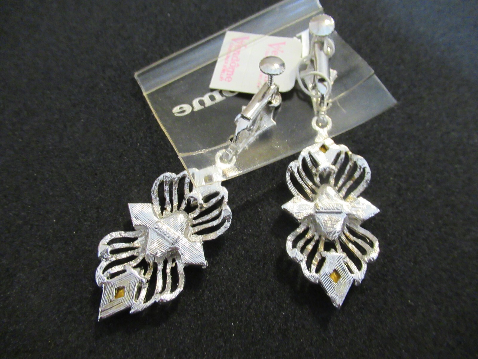 Vendome Silver Tone Rhinestone Earrings Signed Heavy Adjustable Clip on NOS