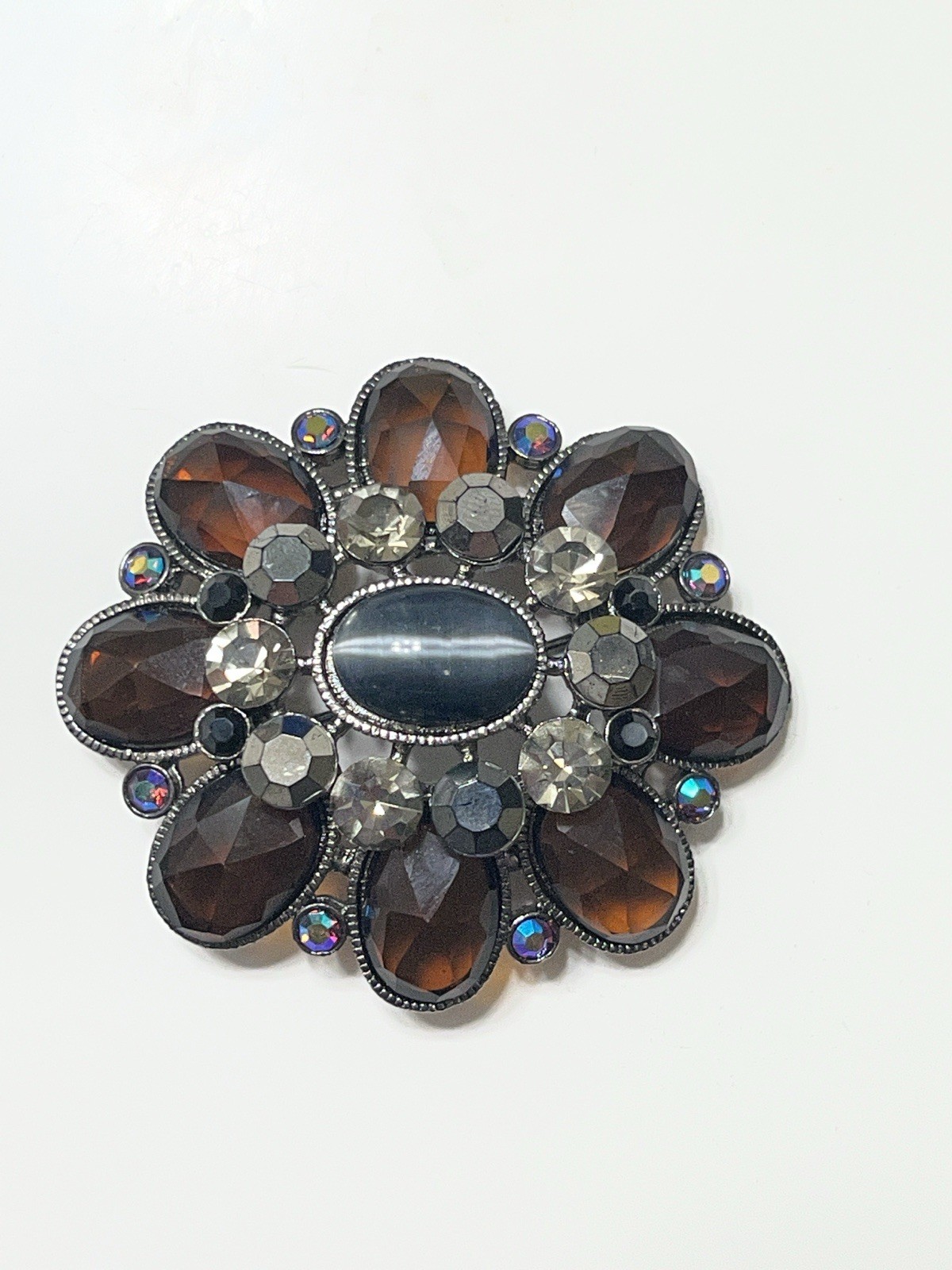 Jappaned Brooch Flower Faceted Brown, Black & Clear Rhinestones Tiger Eye Center