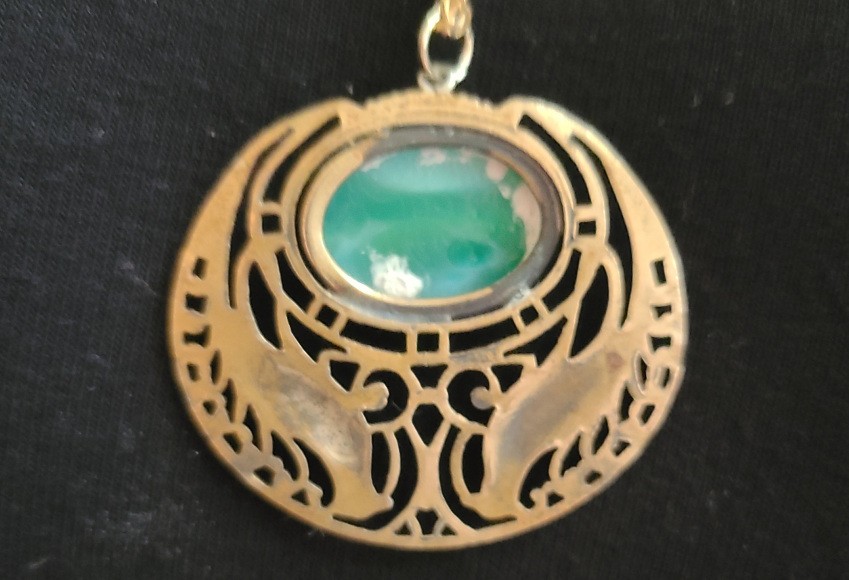 Vintage Art Deco Czech Peking Glass Green Stone Pendant Peacocks Brass Gold Wash
