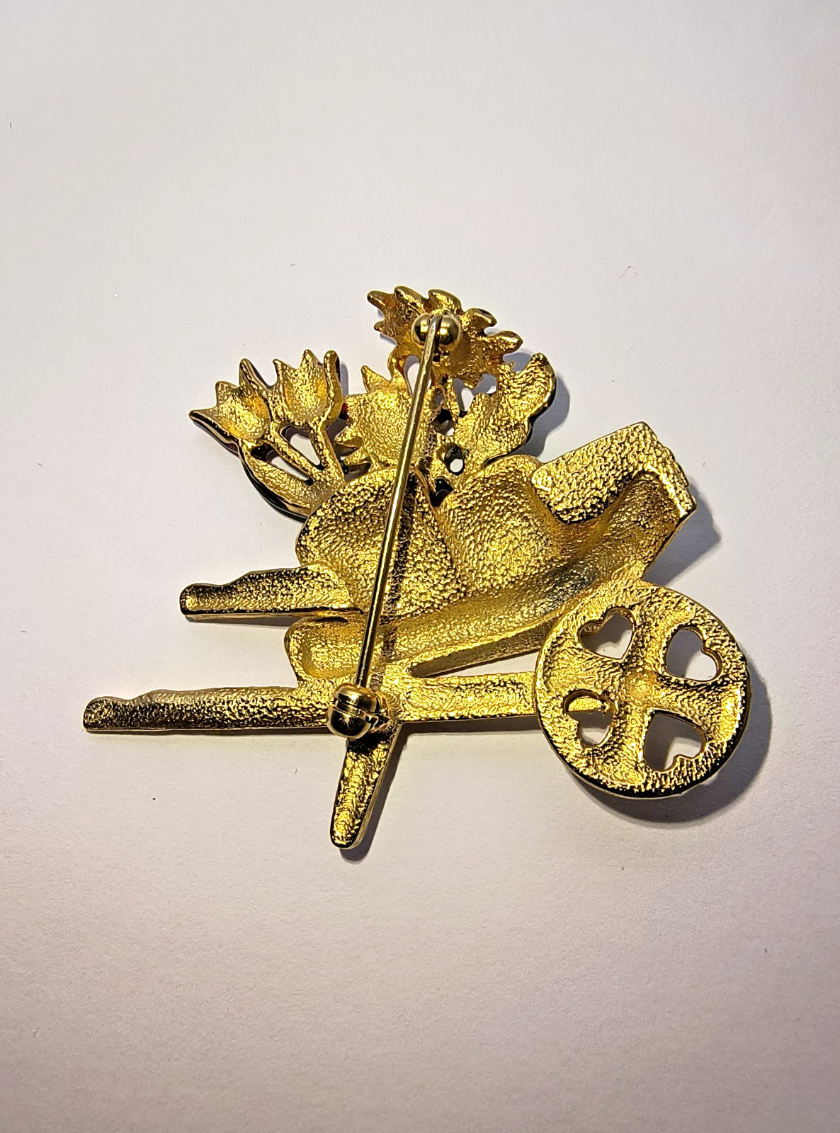 Vintage Gold Tone Wheelbarrow Flower Brooch Enamel Floral Garden Pin