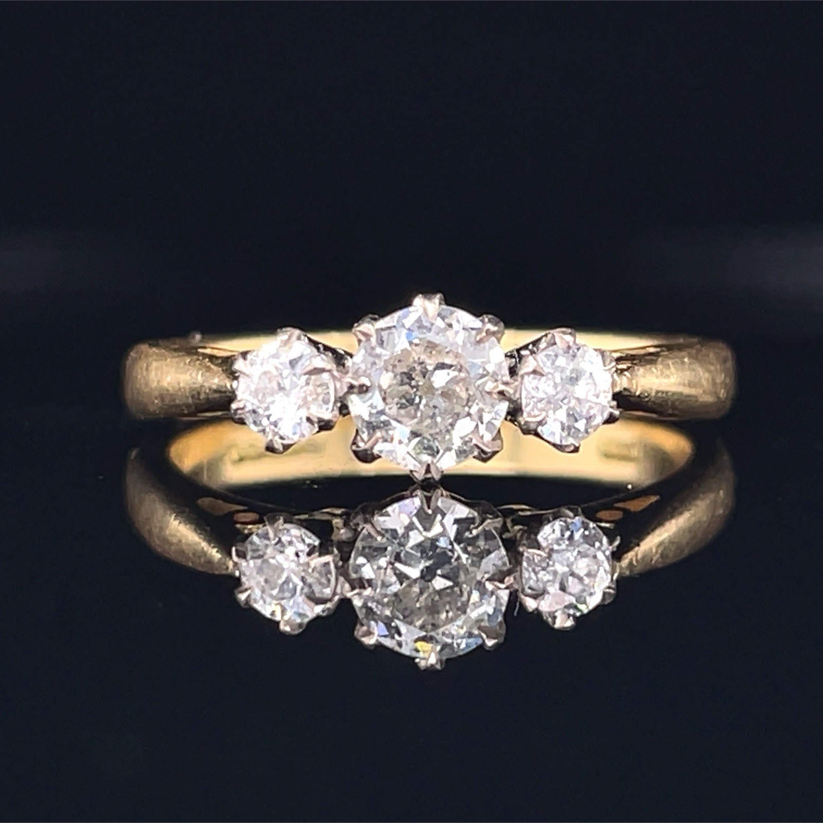 Vintage 3 Stone Old European Cut Diamond Ring 18K Gold English