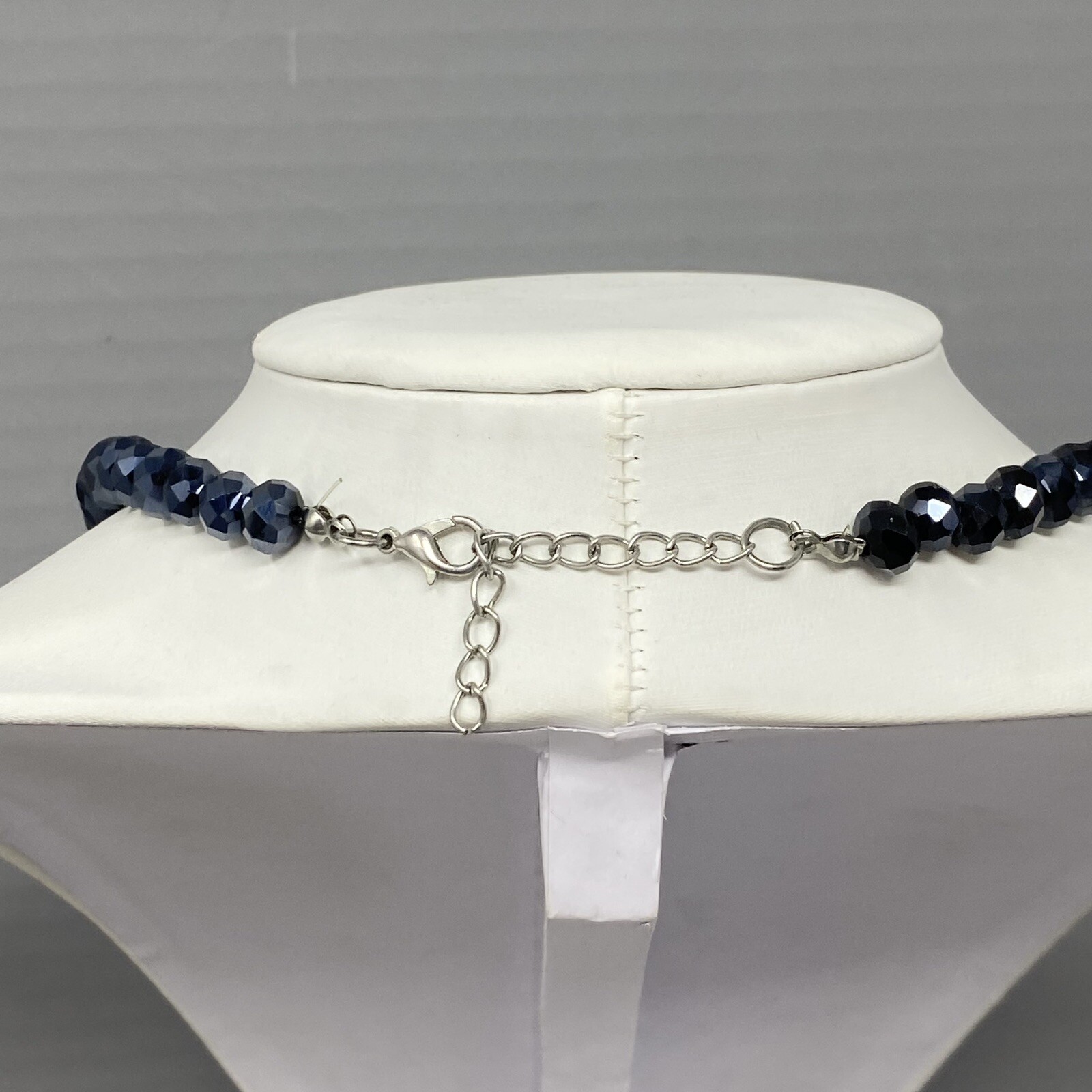 Blue Glass Bead Necklace Iridescent Round Faceted Dark Fire Polished Collar 18″