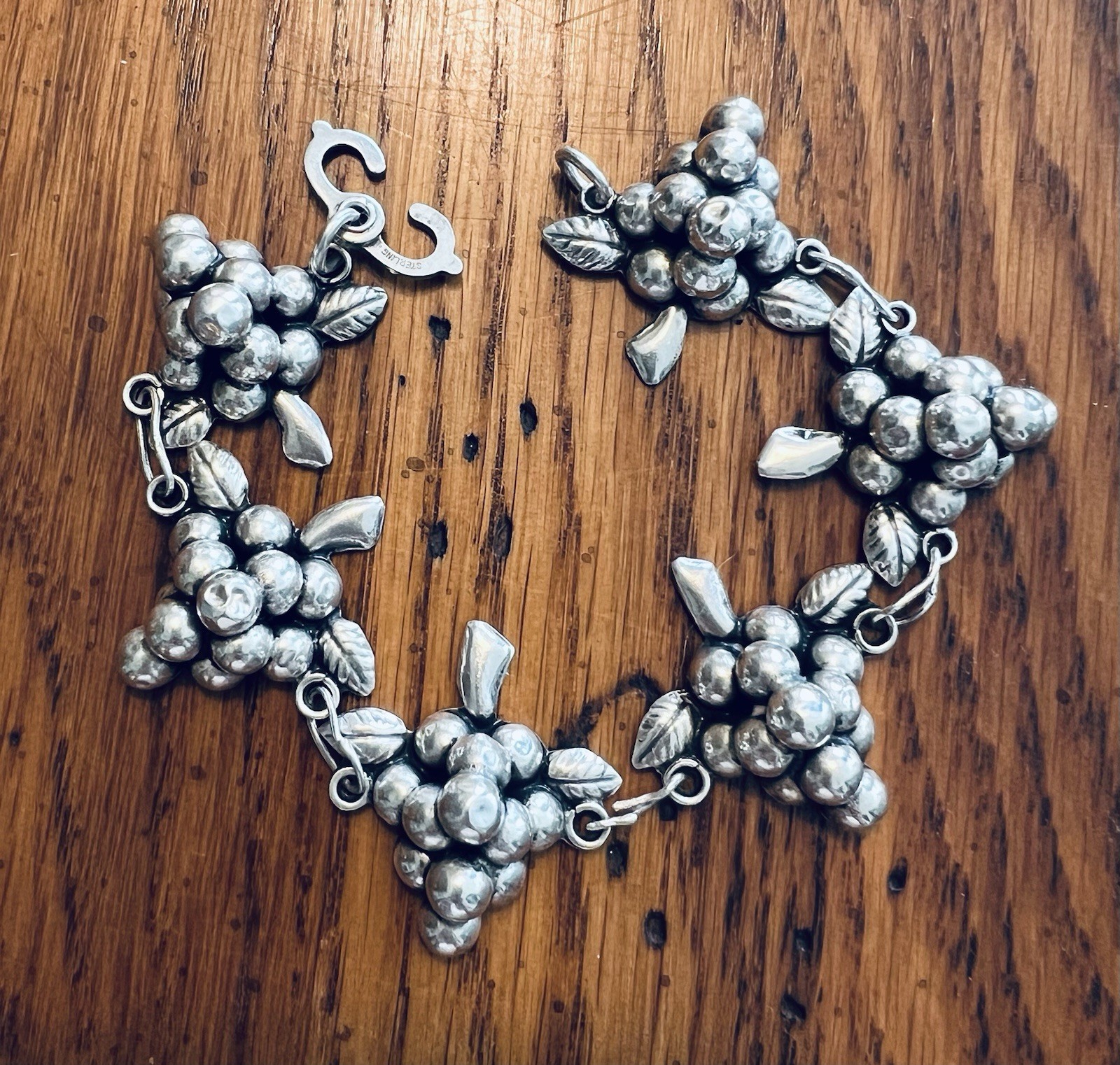 Vintage Sterling Silver Bracelet Grape Clusters 8”