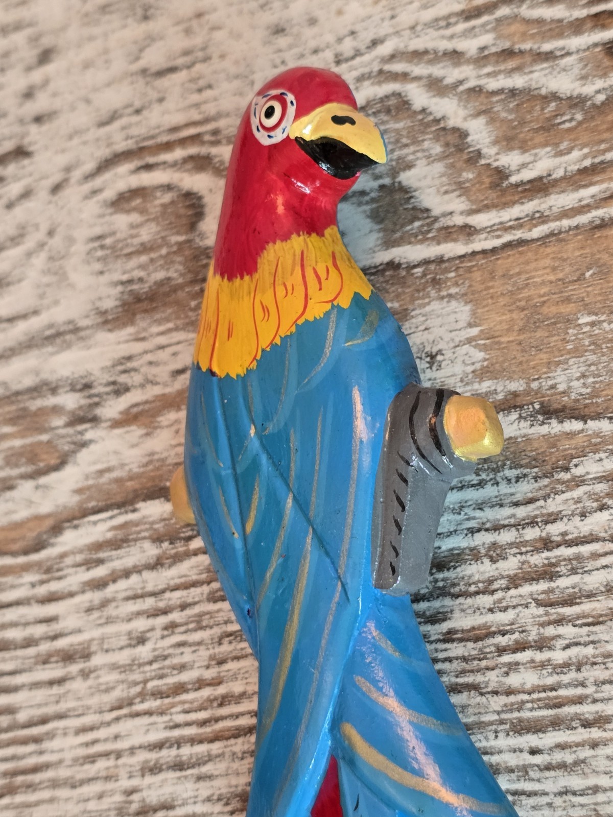 Vintage Hand Painted Wooden Parrot Brooch Colorful Tropical Bird Statement Pin