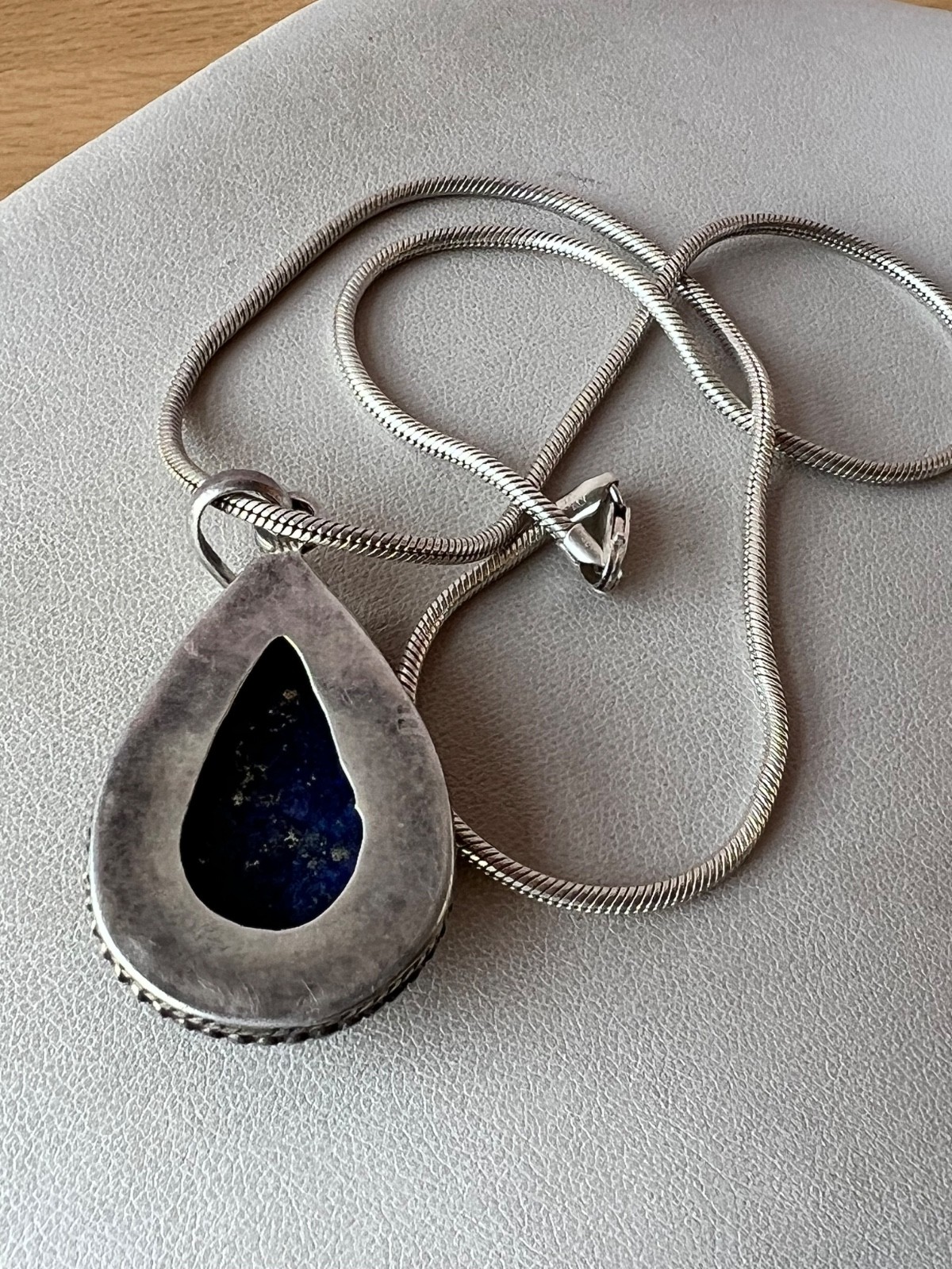 VINTAGE LARGE LAPIS LAZULI PENDANT THICK SNAKE CHAIN NECKLACE 925 STERLING SLVER