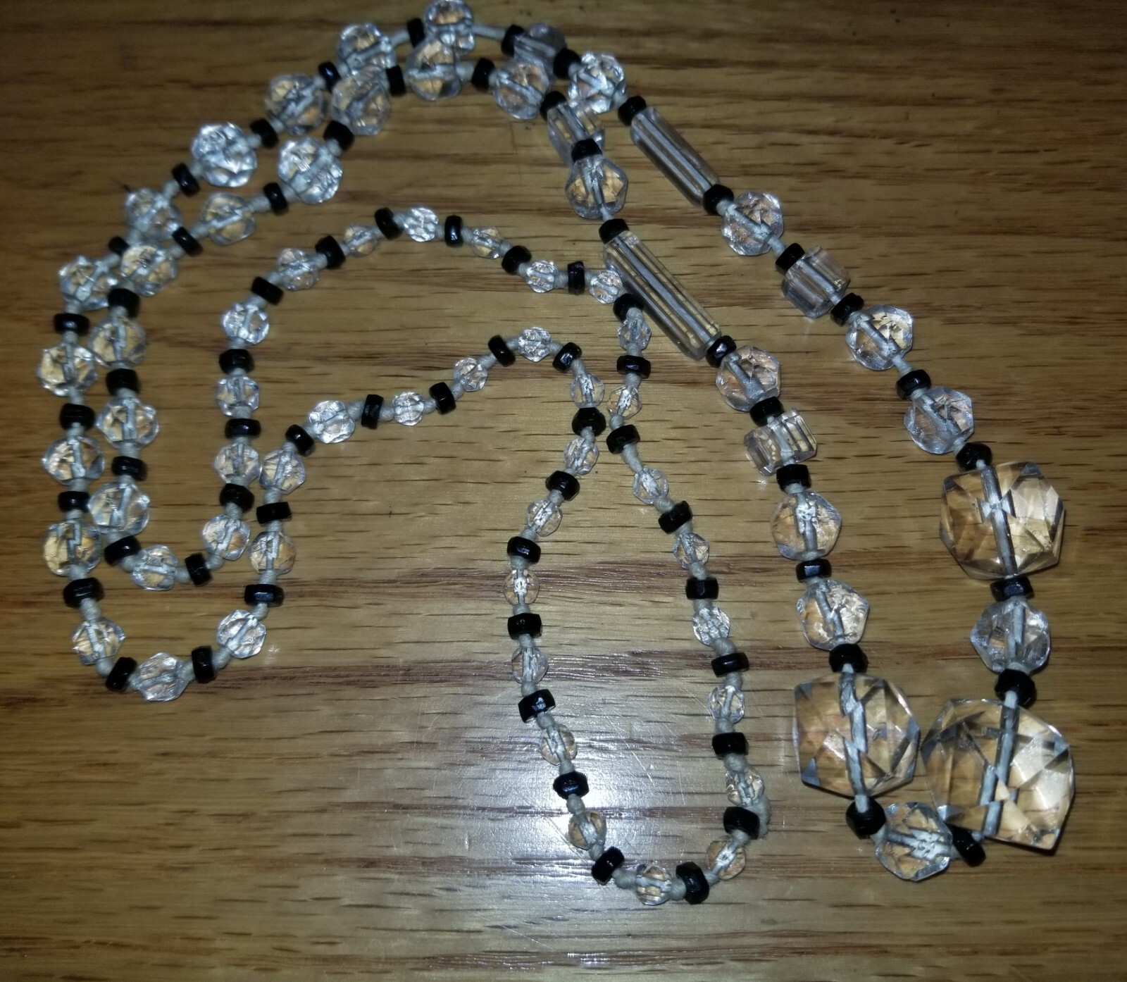 ANTIQUE Graduated Rock Crystal Quartz And Jet Long NECKLACE Rare Shapes