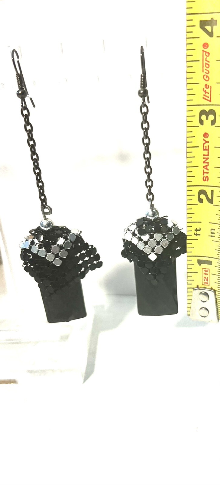 Vintage Retro Dangle Black And Silver Tone Metal Chain And Crystal Hook Earrings