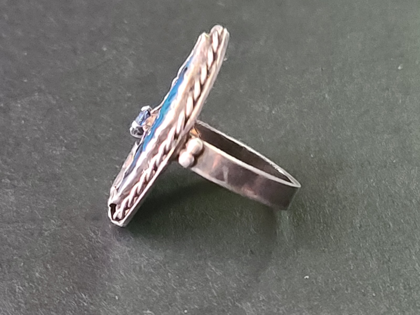 Vintage Paua Shell & Sterling Silver Ring Size 7 Leaf & Blue Rhinestone Accents