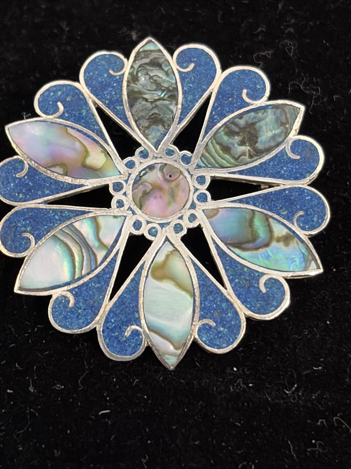 Vintage TAXCO Sterling Silver Lapis & Abalone Inlay Flower Brooch / Pendant