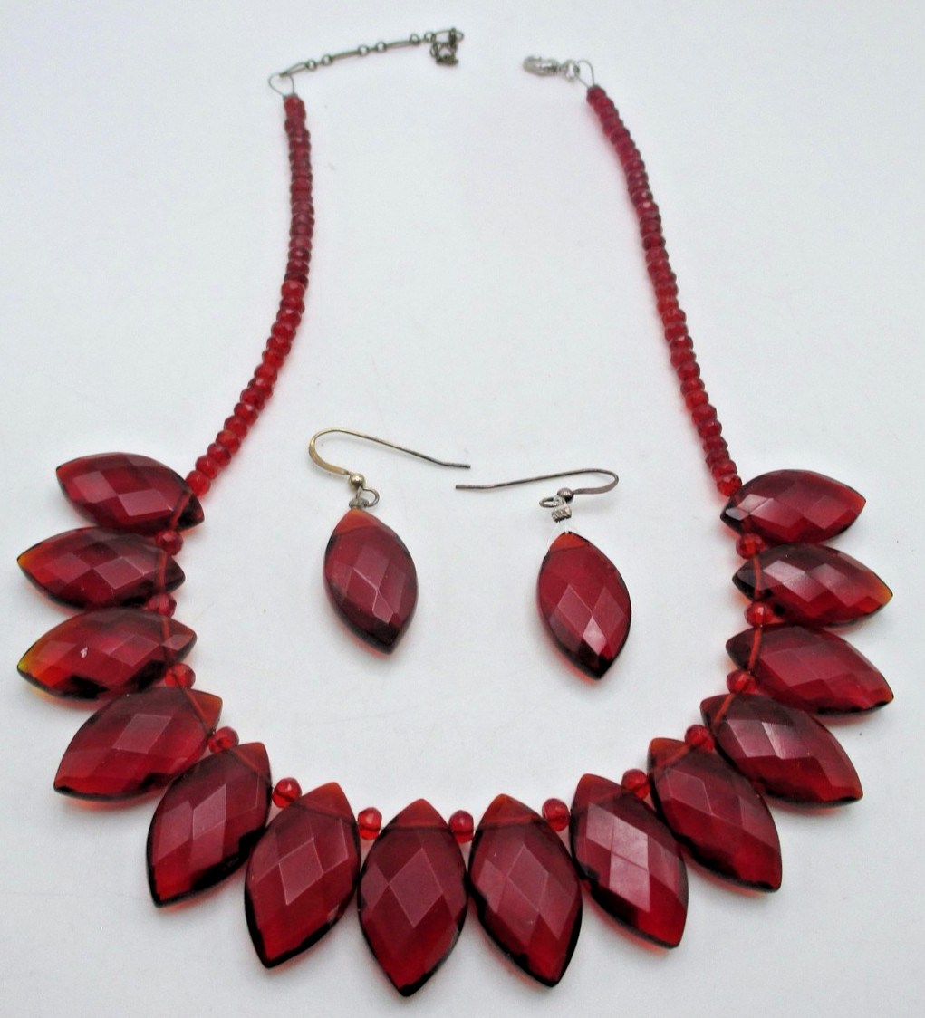 VTG Red Faceted Glass Bead Necklace & Pierced Earrings SET