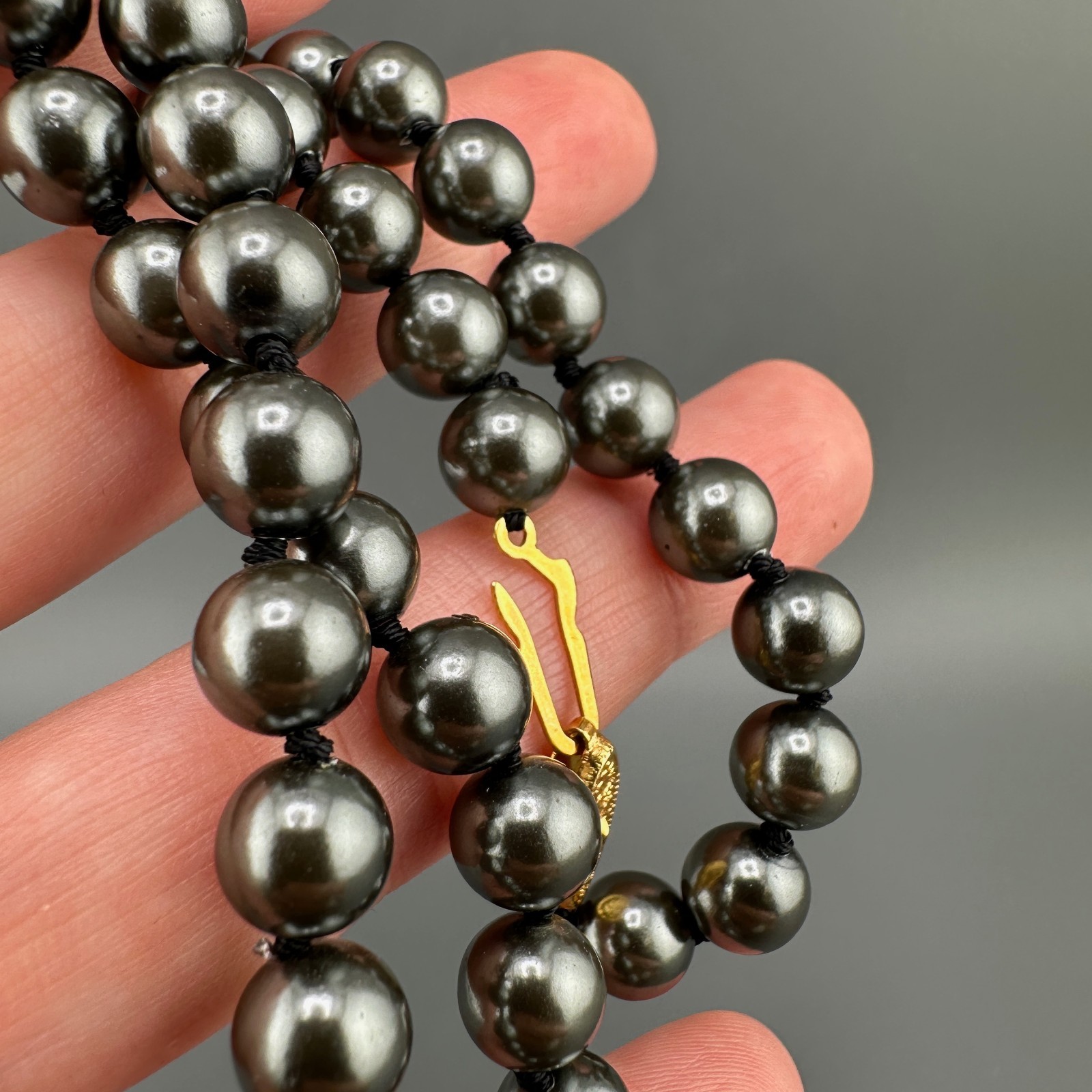 Vintage Glass Pearl Necklace Hand Knotted Charcoal Gray Gold Tone Filigree Clasp
