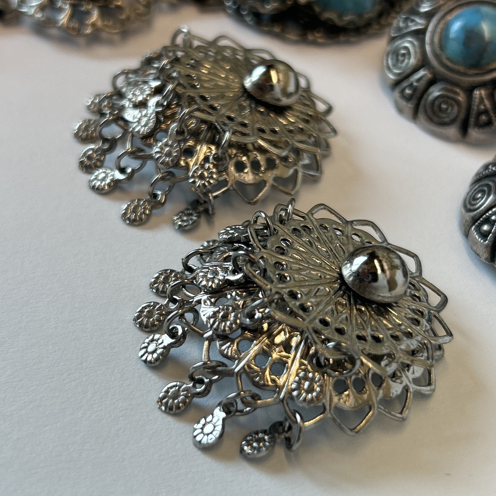 Faux Turquoise Bracelet 2 Earrings Silver Tone Southwestern Boho Tribal Filigree
