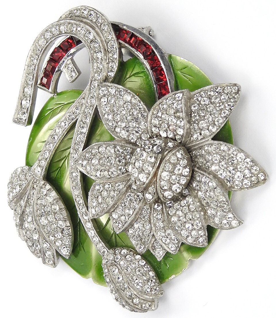 Dujay Pave Metallic Enamel Flowers Invisibly Set Ruby Stem Floral Spray Pin Clip
