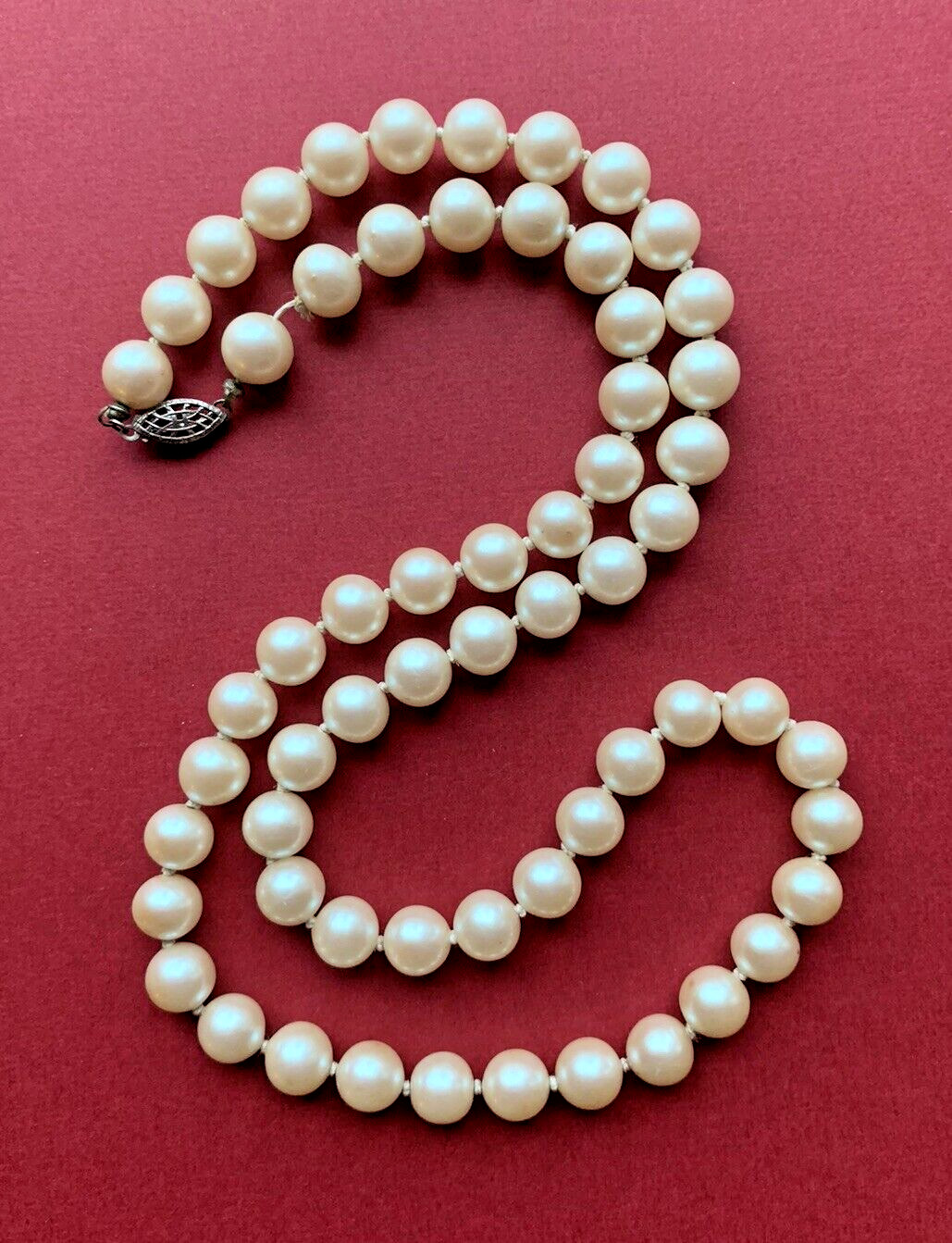 Vintage Glass Pearl Sterling Silver Fish Hook Clasp Knotted 24″ Long Necklace
