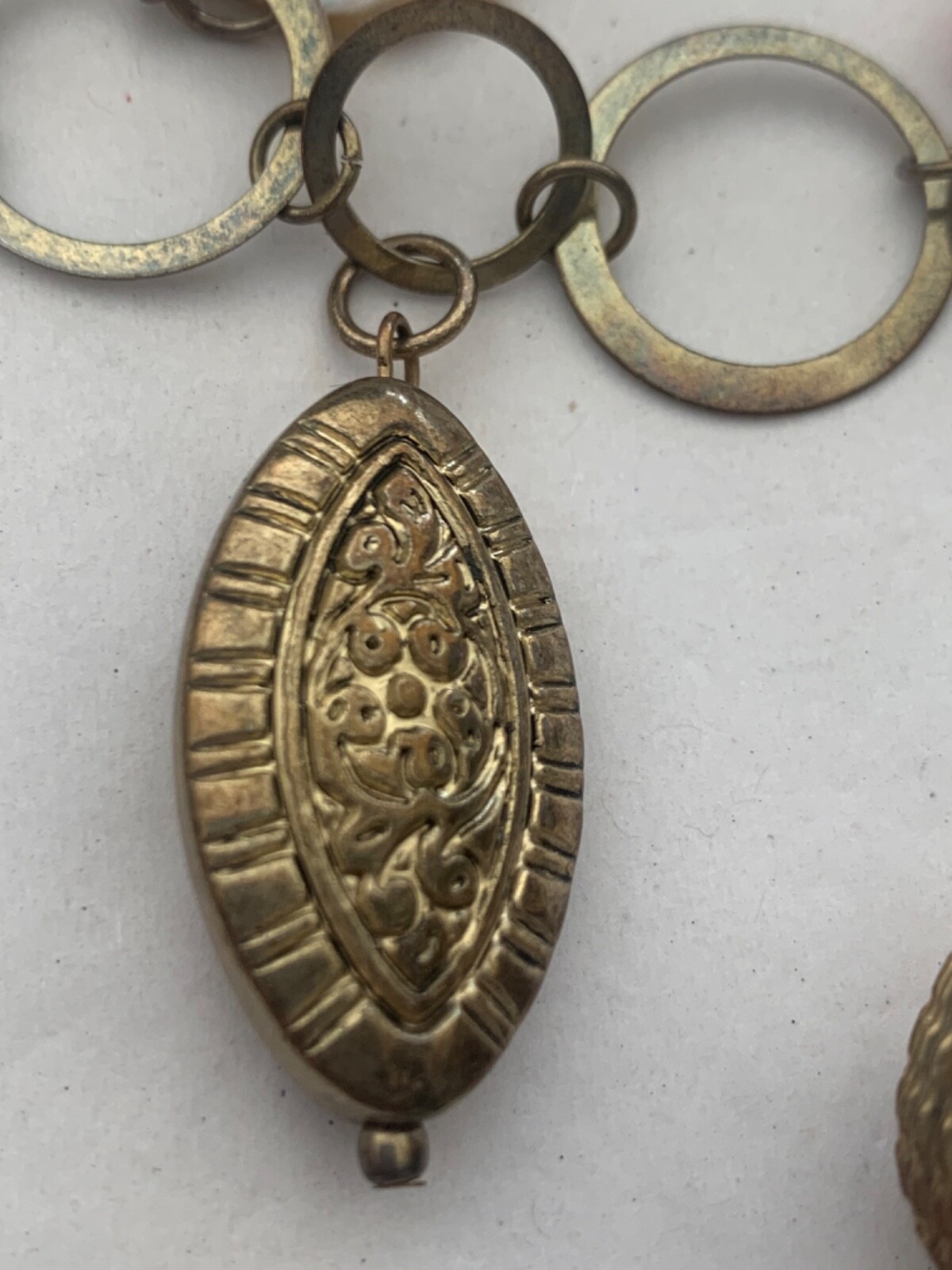 Vintage Metal Link Necklace with Glass and metal Charms stone, faux coin & shell