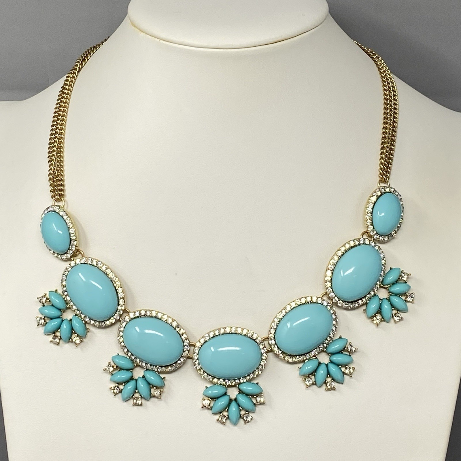 Chunky Statement Necklace Turquoise Cabochons Gold Tone Double Chain Collar 21″